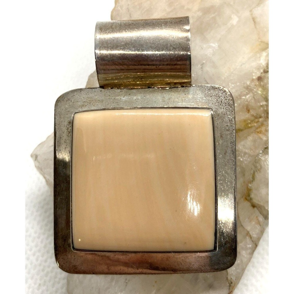 Vintage Mexico Light Pink Striped Stone Square Pendant‎ Sterling 925 Silver 20g